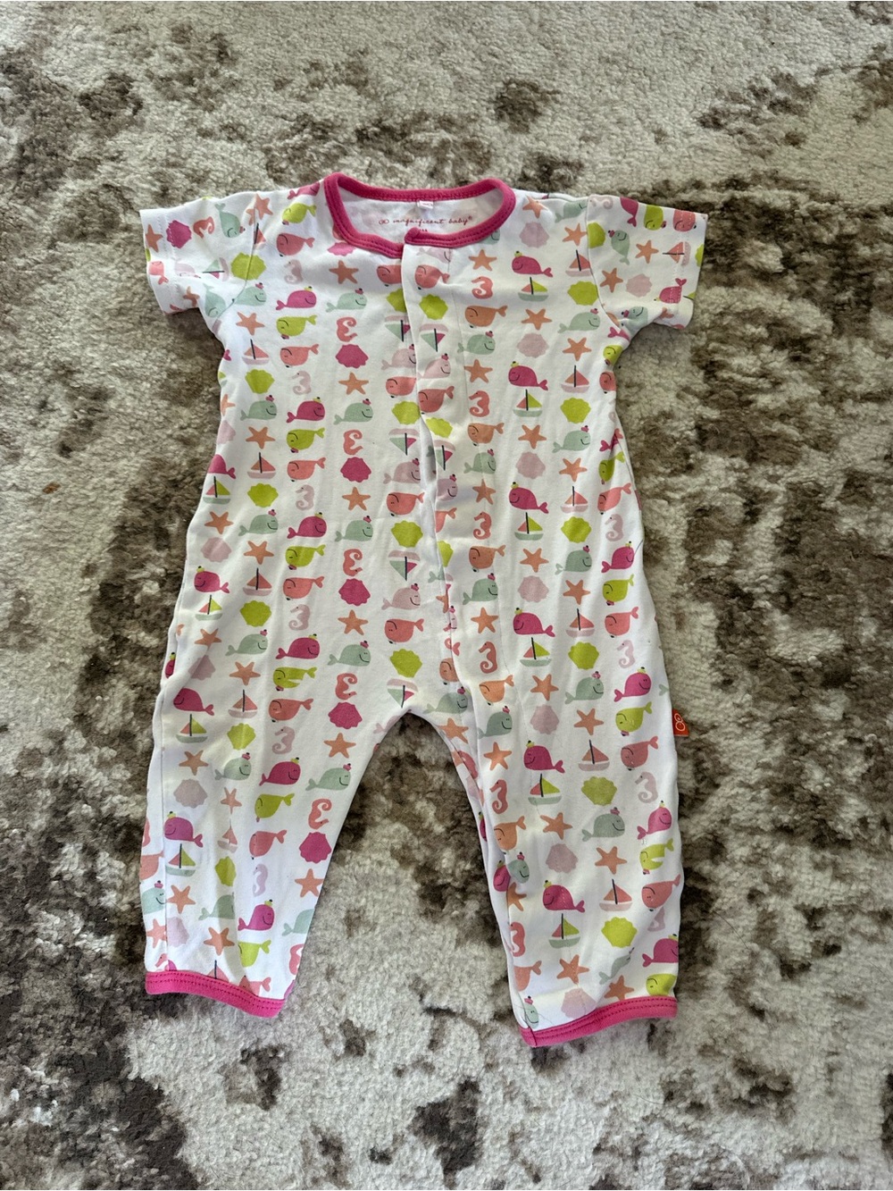Magnificent Baby White One-Piece with Pink Trim and Multi Sea Life Print